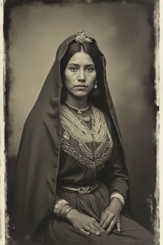 "Photorealistic, formal human portrait, black and white, modestly dressed beautiful bolivian aztec female, daguerreotype",an old black and white pograph of a woman in a shawl,indian woman,yazidi,yazid