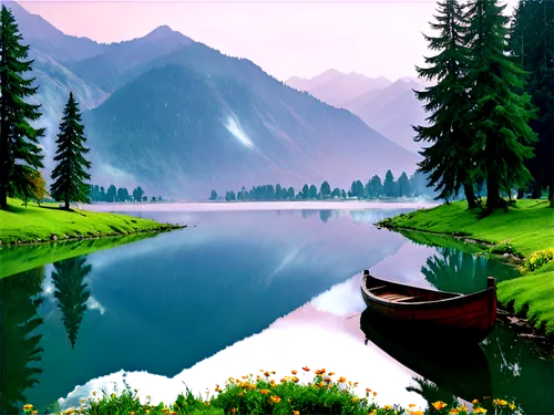 Kashmir, scenic landscape, snow-capped mountains, serene lakes, wooden boats, vibrant flowers, green meadows, ancient trees, misty atmosphere, warm sunlight, panoramic view, 3/4 composition, soft focu