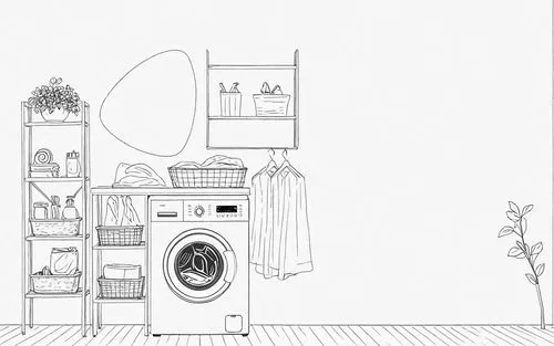 Скетч рисунок тонкой линией на белом фоне, точный,laundry room scene with washing machine, drying rack, shelves and plant,laundress,washing machine,laundryman,laundresses,laundries,laundry,dry laundry