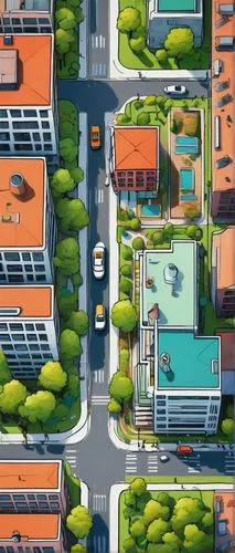 urban planning, architectural site analysis, diagram, 2D illustration, colorful markers, bold lines, detailed annotations, cityscape background, modern skyscrapers, green roofs, busy streets, pedestri