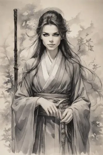 a lady with long hair wearing an oriental dress and holding a sword,yi sun sin,yuexiu,hanfu,guqin,diaochan,xiaojian,jianghua,wuxia,xuanwei,huanghua,tiancheng,xuanwumen,xuanxu,toshiie,yunxia,zhuangzi,s