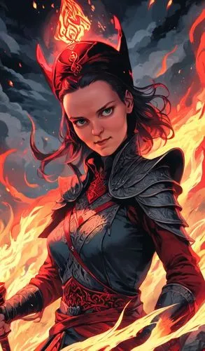 A breathtaking digital illustration, depicts a fierce woman in a vibrant red sword, her dark hair contrasting his bright red hat. This scene invites viewers on an infinity journey with a singular figu
