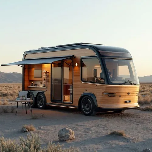 A luxury electric RV designed for long-term road trips. The vehicle has a large, boxy frame with a polished wooden exterior and large panoramic windows. It features a retractable awning, solar panels 
