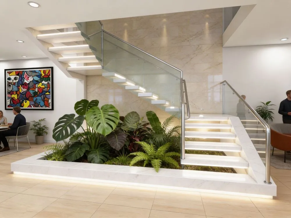 a stairway next to some plants in an HOUSE