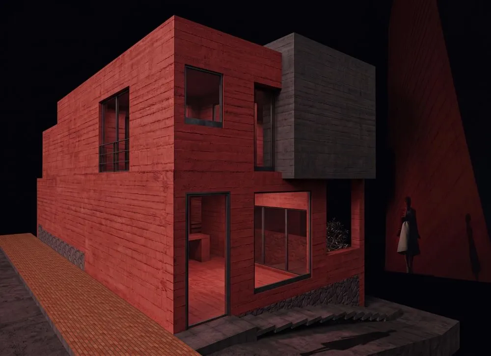 ARX RATIO. a computer rendering of the outside of a home in red