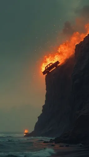 being, car on fire falling off cliff on fire, dark pale colour pallet,nostalgic , rule of thirds, poster, nostalgia




,a bus with it's lights on in flames near the ocean,scorched earth,burned pier,l