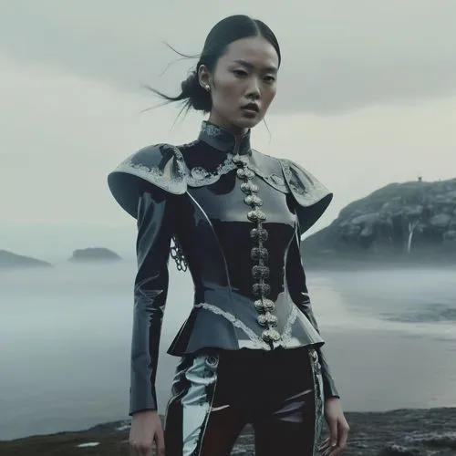 Fashion imagery ,cinematic, Asian model, Alexander Mcqueen vinyl outfit, Vogue Italia by Steven Klein
,the young woman is standing near the water,leather texture,dishonored,imperial coat,leathers,leat