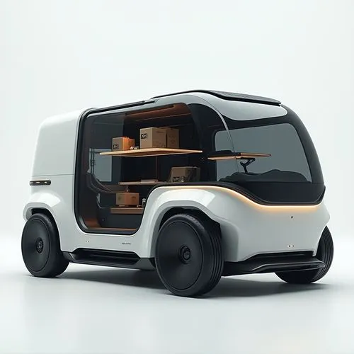 A futuristic all-electric delivery van designed for urban environments. The vehicle has a boxy yet sleek shape, with smooth, rounded corners and a large transparent cargo compartment that can be custo