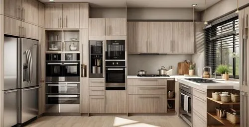 “Design a contemporary kitchen with a combination of dark grey lower cabinets and wood-textured upper cabinets. Incorporate stainless steel appliances, including a built-in microwave, oven, and washin