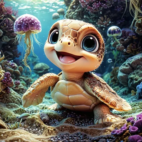 the cute little turtle is smiling and swimming among the oceanweed and jellyfish,baby turtle,water turtle,sea turtle,marine animal,turtle,sea animal,loggerhead turtle,underwater world,marine life,tort