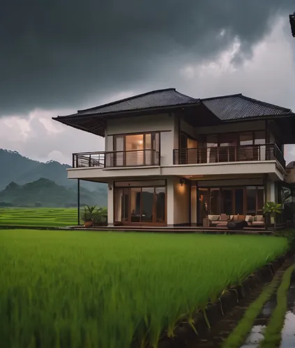 a Modern house in the rain near rice fields, and hill scenery with animated gif style, realistic landscape with soft and tonal colors, old world charm, skillful lighting,ricefield,home landscape,the r