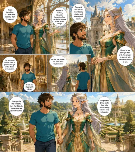 Manga style:
Me—Indycatalan, a 37-year-old Frenchman, 1.60 meters tall, with dark brown hair, a short but thick beard, blue-green eyes, a turquoise blue T-shirt, and midnight-blue denim shorts.
Elfina