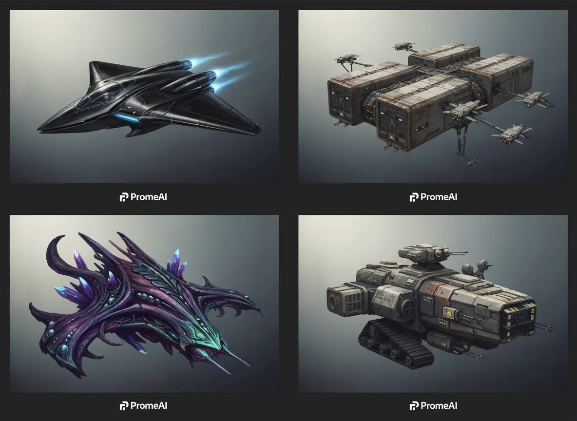 PromeAI द्वारा बनाए गए चार अलग-अलग स्पेसशिप कॉन्सेप्ट आर्ट डिज़ाइनों का एक ग्रिड, जो आकार और स्टाइल में विभिन्नताओं को दर्शाता है।