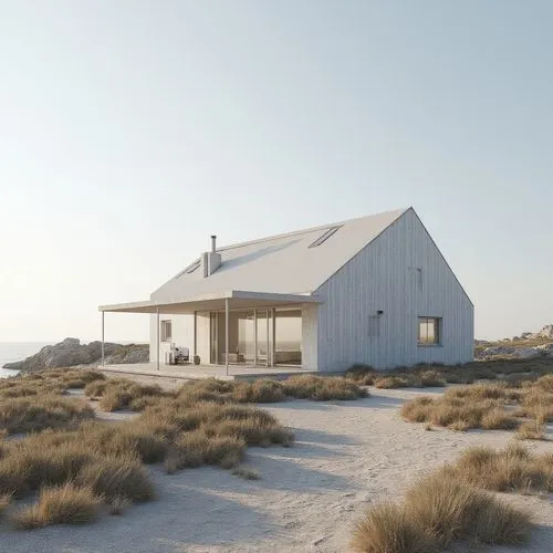  ,this image is a computer rendering of a house in the desert,dunes house,danish house,beach house,beach hut,inverted cottage,snohetta