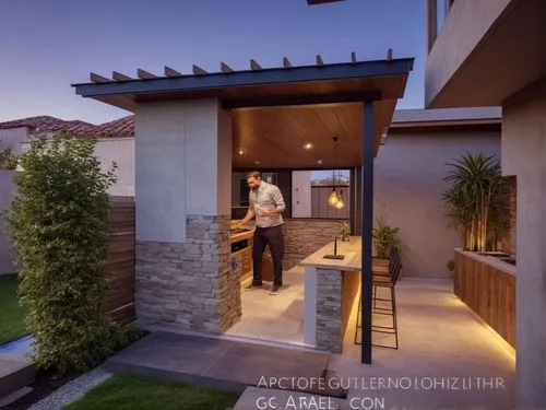 area de parrilla y jardin con espejo de agua, estos a base de materiales como piedra, acero, madera asi como vegetacion,Parrillada,smart home,landscape design sydney,homebuilder,cubic house,homebuildi