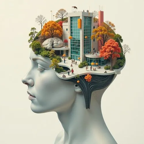 a white mannequin head with a group of people inside and out of it,computational thinking,cognitive psychology,conceptual photography,intelligences,cognition,woman thinking,intellectualizing,mind,smar