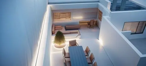 a very neat and spacious looking living area and dining room,hallway space,skylights,penthouses,loft,interior modern design,sky apartment,lofts,home interior,an apartment,modern room,block balcony,sea