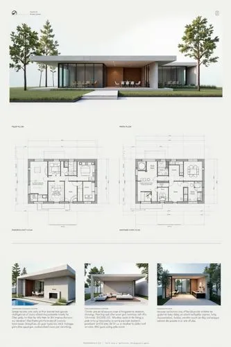 A professional architectural presentation board with a Pure background and a clean, minimalist design layout. The board includes:

Top Section: On the top left, a photorealistic render of a contempora