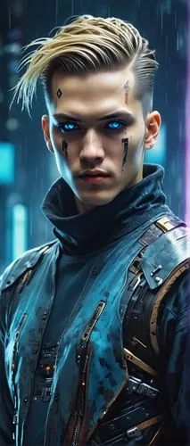 Photo of a man on the glowing nebula with front view and tiny waist. Wearing turtleneck sweater, on raining. Close-up shot. Cool-toned color grading. Black background. Light Black eyes. Brown lips. Lo