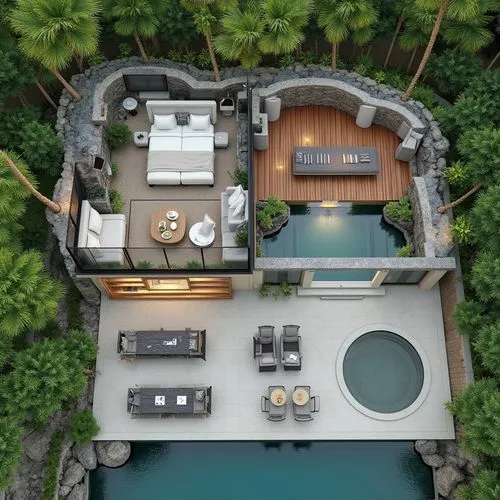 design a floor plan for this "1 story resort building that is 50x80 sqm with 3 bedrooms and a living room and 3 bathrooms and a kitchen, Floating sunken seating areas, a cave-inspired spa, the soothin
