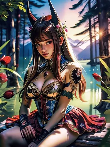 woman with horned horns sitting on a bench,fantasy portrait,background ivy,fantasy picture,tiger lily,flora,vi,female warrior,belladonna,serene,oriental princess,dusk background,fantasy art,beautiful 