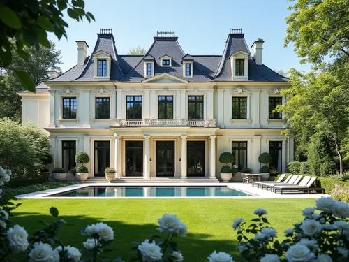 Elegant French-inspired luxury mansion with a cream stucco facade, ornate classical moldings, and tall black-framed windows. The building features a steep mansard roof with dark slate tiles and decora