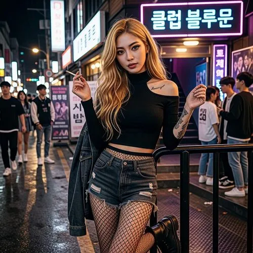 真人版韓國動漫系25歲超甜美女孩,壞女孩,美丽的女孩，美丽凶狠逼真的眼睛，美丽的嘴唇，金色的长发,.在夜店前街道,穿著性感高領削肩緊身短上衣,低腰超短露臀熱褲,有刺青紋身,手拿一根點燃的香菸,邪惡視角,street shot,fishnets,kl,fishnet,on the street,fishnet stockings,blonde girl,photo session at night,