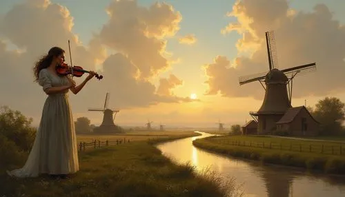 Dutch Golden Age era painting, early evening a landscape with a farm and two Dutch windmills with winding river and impressive clouds in the sky. Ultra realistic and high quality una mujer tomando el 