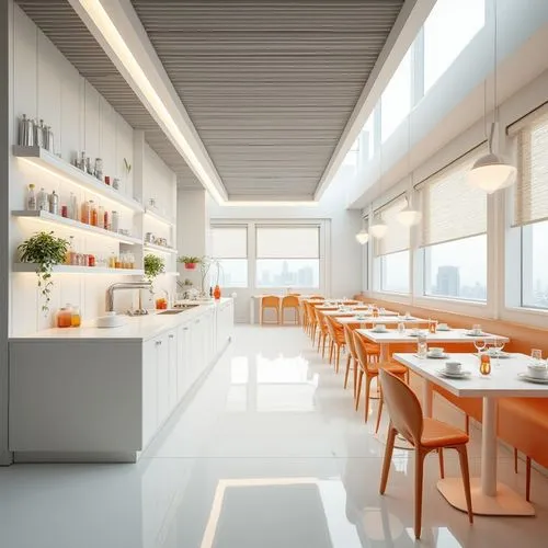 Here is a simple future style design of the restaurant, the structure is simple atmosphere, white lighting effect decoration. Glass material similar to laboratory equipment. Lab style, white and orang