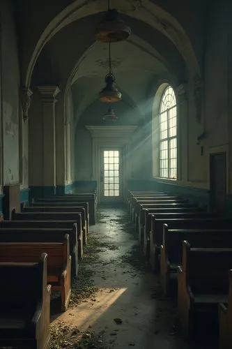 being, abandoned church, dark pale colour pallet,nostalgic , rule of thirds, poster, nostalgia


,an empty church with a light coming through the windows,empty interior,sanctuary,sunken church,chapels