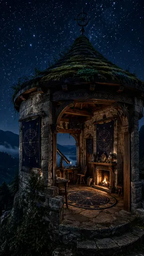 Description: A small observation tower built of light-colored stone under a star-filled night sky, a green roof covered in shimmering moss, wooden beams carved with celestial symbols, narrow openings 