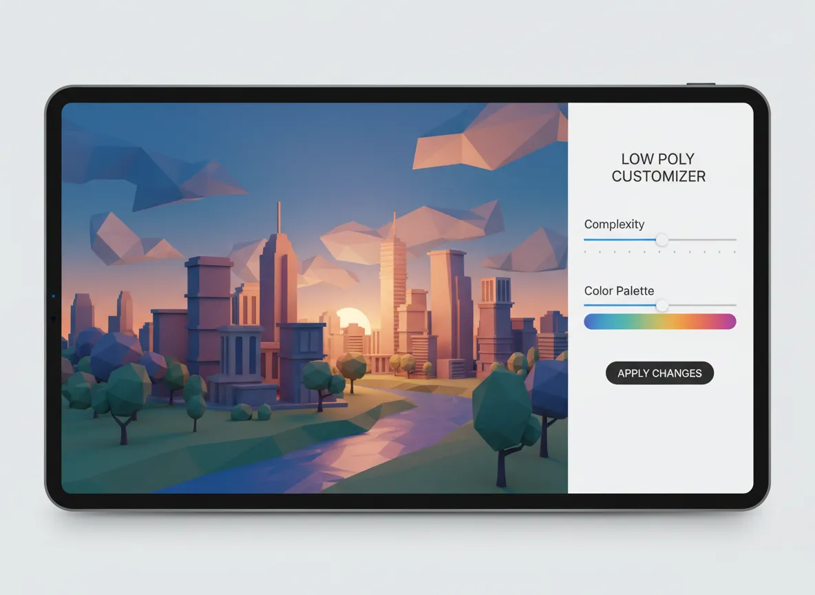 एक शहर के Low Poly चित्र पर 'जटिलता' और 'रंग पैलेट' के लिए स्लाइडर्स को समायोजित करते हुए एक उपयोगकर्ता को दिखाने वाला एक इंटरफ़ेस मॉकअप।