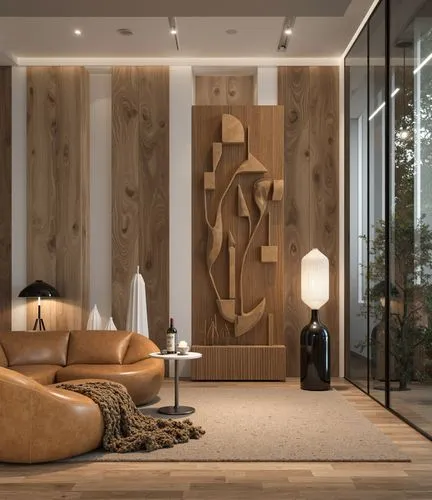 A contemporary sitting area with soft, flowing lines and sculptural decor elements. The design features a caramel leather sofa, abstract wall art, and a unique 3D art installation on the wall. Natural
