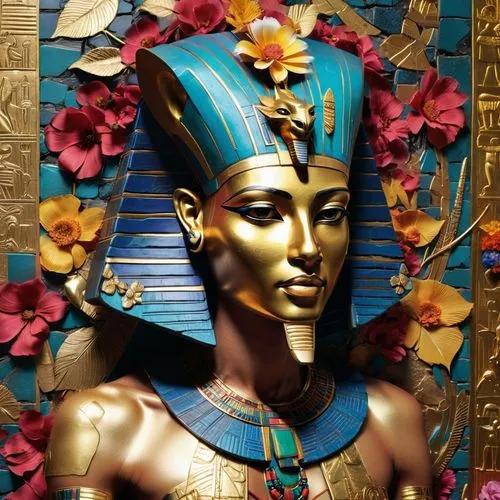 Anubis, represented by the head of a jackal, takes on a muscular male human body and looks at the mask of Tutankhamun, in the background a large wall adorned with brightly colored Egyptian hieroglyphi