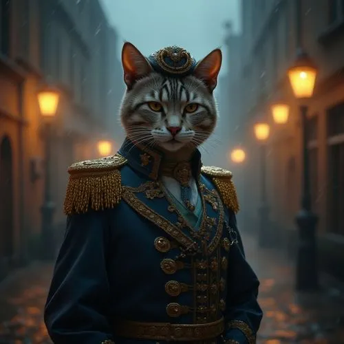 "Anthropomorphic feline character in royal naval uniform with ornate gold embroidery, misty evening in historic city street, amber street lamps, rainy atmosphere",a picture of a cat dressed like a bri