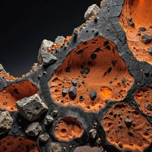 roccia spaccata nera con all'interno minerali preziosi arancione ,a lava formation with orange and grey colored rock formations,solidified lava,lava,volcanism,geode,lunar landscape,moon surface,volcan