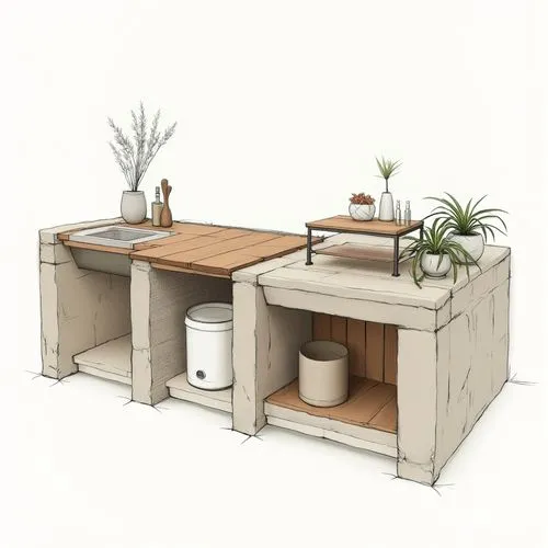 "Create an architect-style sketch of a modern, multi-functional kitchen island. The island features supports made of compacted earth blocks, a countertop covered in brown viroc, and a white cylindrica
