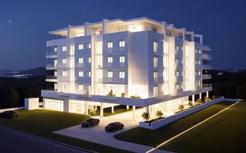 white building lit up at night with white car parked nearby,appartment building,residencial,velingrad,condominia,bilkent,penthouses,Photography,General,Realistic