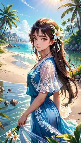 Un hermoso día de verano, con palmeras y agua que brilla bajo el sol. Una bella mujer de larga cabellera adornada con flores recoge capullos en la orilla.,beach background,summer background,beach scen