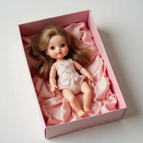 doll toy idea ,colorfull box,a small doll in a pink box on a white surface,handmade doll,female doll,designer dolls,tumbling doll,vintage doll,cloth doll,collectible doll,doll's facial features,artist