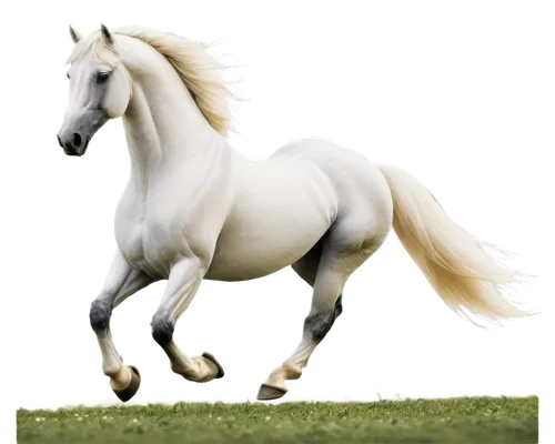 Majestic horse, white horse, galloping, running freely, shiny mane, flowy tail, detailed muscles, strong legs, horseshoes, green meadow background, sunny day, soft focus, shallow depth of field, cinem