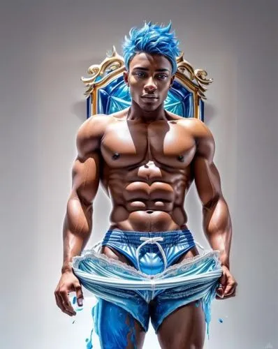 sea god,bodybuilder,bodybuilding,ori-pei,african american male,poseidon,son goku,cosplay image,body building,rainmaker,merman,god of the sea,kai yang,goku,male elf,poseidon god face,smurf figure,smurf