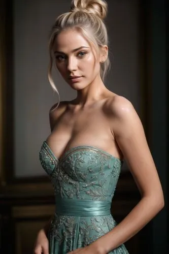 Beautiful woman, highly detailed, realistic picture, perfect proportion, masterpiece, perfect lighting, beautiful skin, hd, victoria dress,,elsa,elegant,strapless dress,green dress,nice dress,blue dre