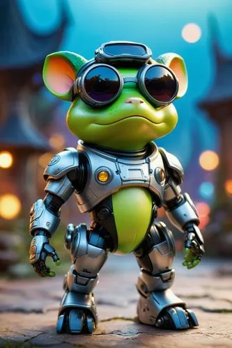 frog dog inu immaculate full body cyberpunk style robot with virtual reality glasses, going to the moon,a close up of a toy figurine on a brick floor,frog figure,frog background,running frog,frog thro
