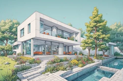 Architecture Drawing
,an image of a rendering of a house,modern house,3d rendering,mid century house,house by the water,dreamhouse,pool house,landscaped,modern architecture,luxury property,smart house