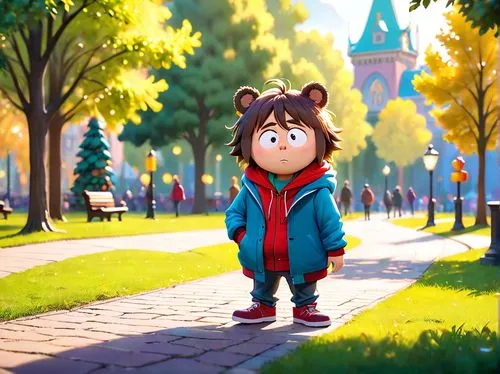 random animal,south park style, in park,autumn walk,child in park,strolling,stroll,little bear,cute cartoon character,kids illustration,autumn park,walk in a park,parka,walk,autumn in the park,autumn 