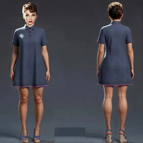 INSERT THE BLUE SANDAL ON THE FEET. DO THIS IN FRONT AND BACK VIEW PERFECTLY. ,the dress has short legs and short sleeves,female model,a girl in a dress,model years 1958 to 1967,BONELLI EDITORE,AUDREY