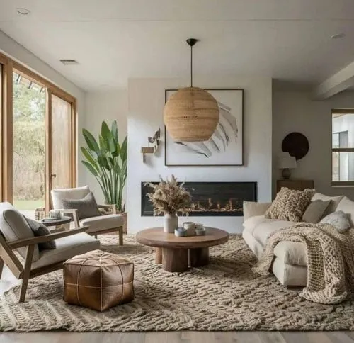 an interior living room with a rug on the floor and a couch,mid century modern,family room,living room,modern living room,contemporary decor,interior modern design