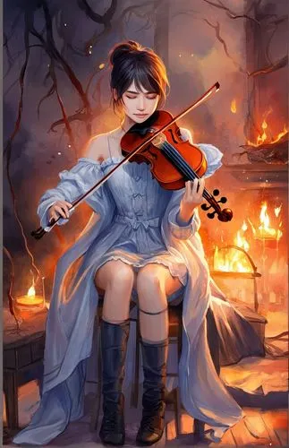 Ночь, грустная девушка играет на скрипке,a painting of a woman sitting next to a violin,violinist violinist,violinist,violin,cello,playing the violin,solo violinist