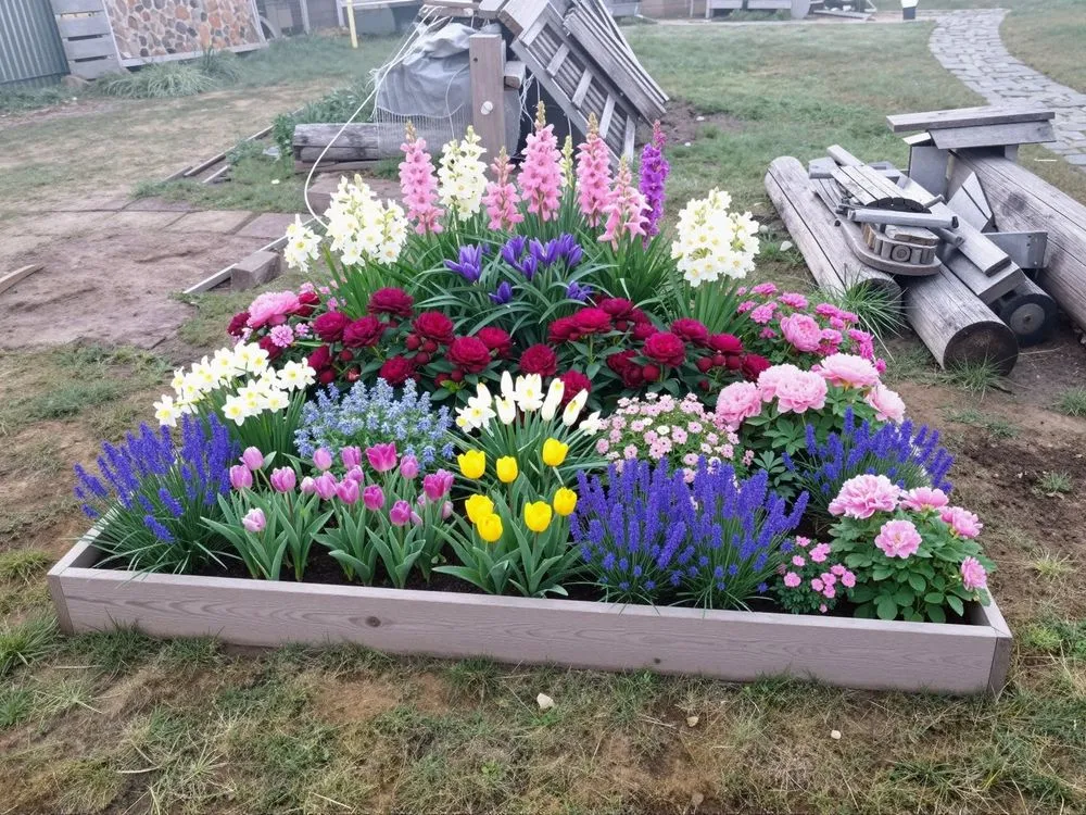 a group of flowers are growing in the yard